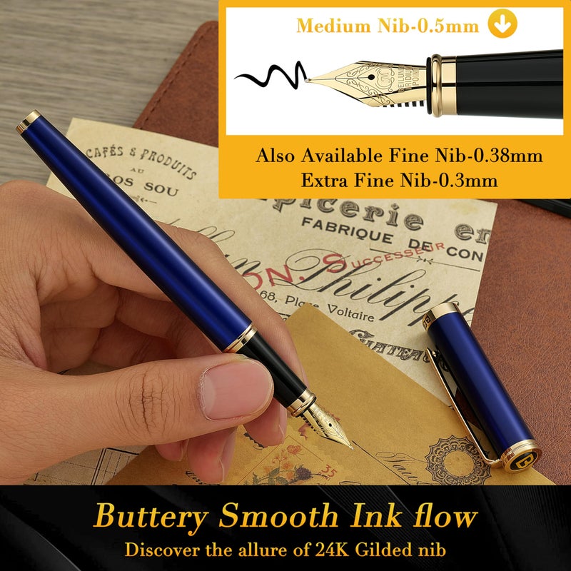 BEILUNER Blue Fountain Pen,Stunning Luxury Pens with 24K Gold Finish, Gorgeous 24K Gilded Nib(Medium), Fancy Pen Gift for Men&Women -Ink Converter-Elegant, Reliable,Nice Pen for Writing - Image 4