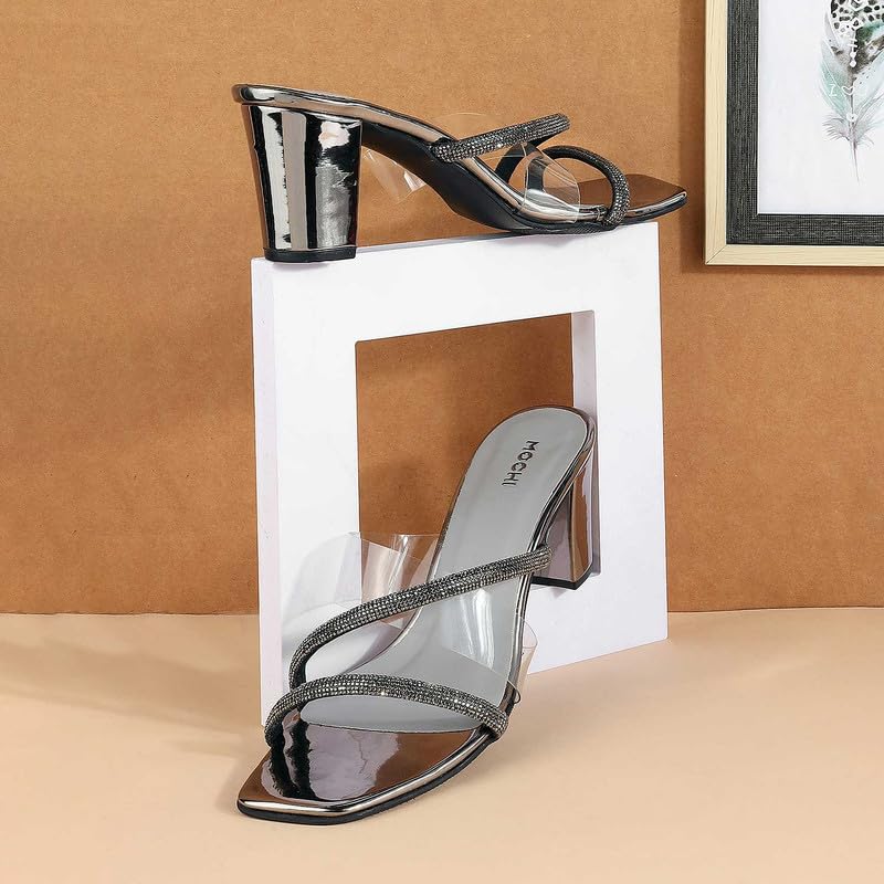 Mochi Women Gun-Metal Glittery Block Heel Party Fashion Sandals UK/5 EU/38 (35-328) - Image 2