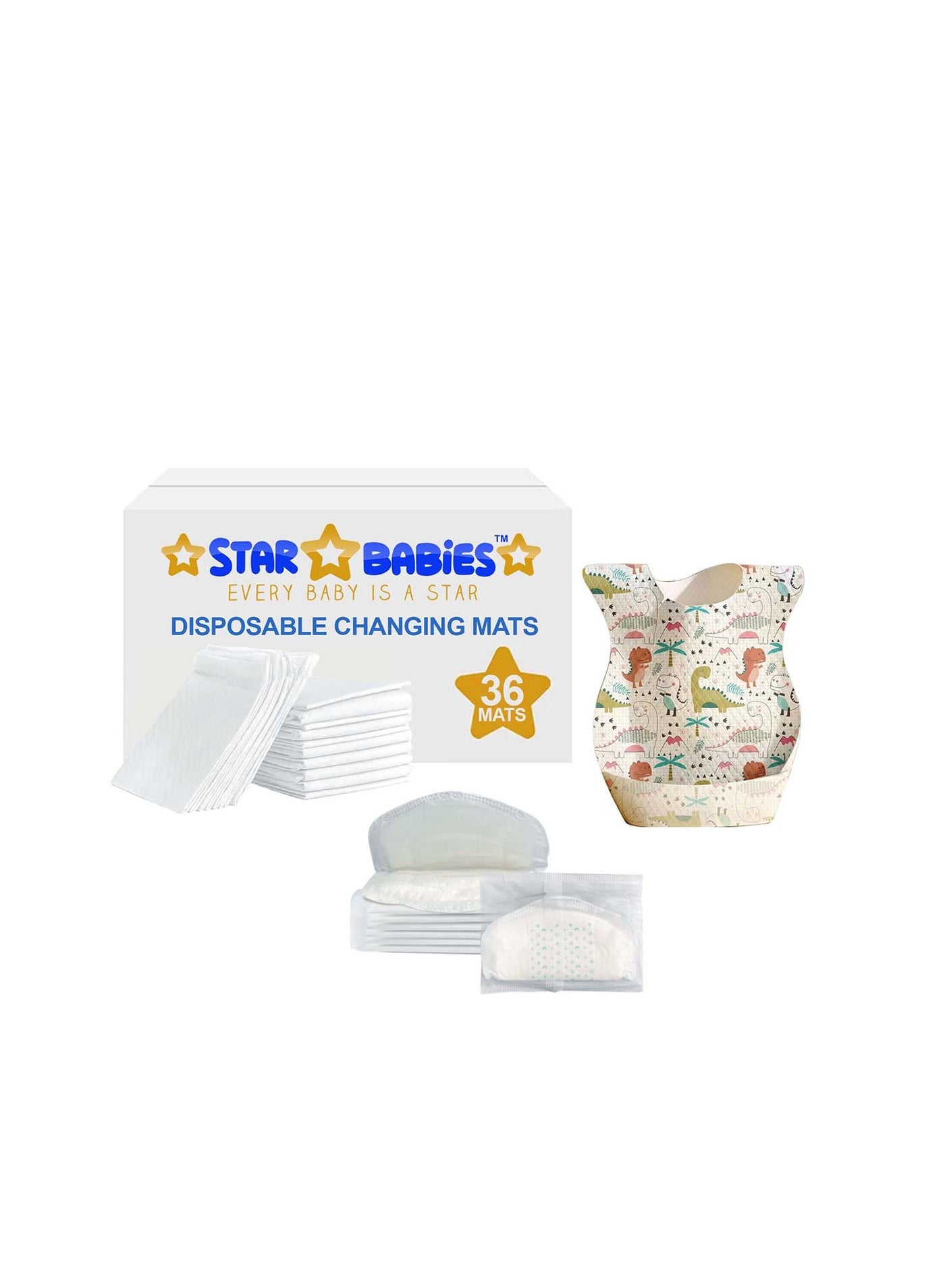 Star Babies Combo Pack (Disposable Changing mat 36pcs, Disposable Bibs 40pcs with  Disposable Breast Pad 8pcs) - White