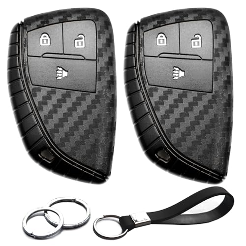 INFIPAR 2pcs Compatible with Chevy GMC Key Fob Cover Case Key Chain fit for Chevrolet Silverado 1500 2500 3500 HD GMC Sierra 1500 2500 3500 HD Yukon Buick Envision Accessories Carbon Fiber Black - Image 1