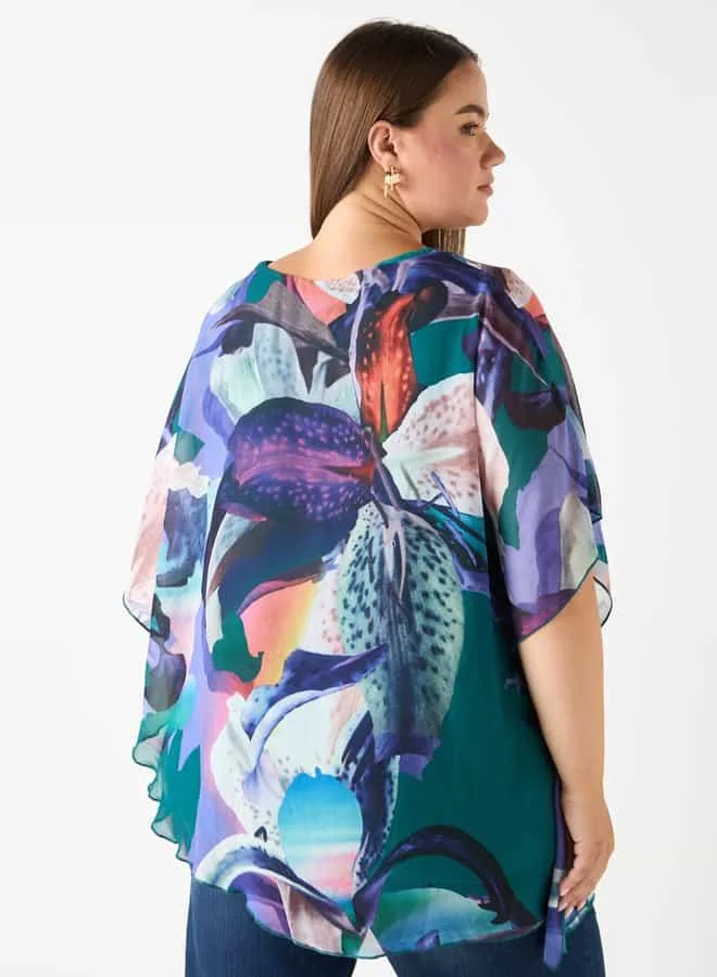 Ulla Popken Plus Size Ulla Popken Floral Print Layered Top with Round Neck and Short Sleeves