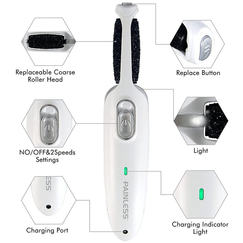 Painless Electric Callus Remover Rechargeable Cordless Foot File Easy Grip Adjustable Power Pedi Feet Care for Dead Hard Skin Cracked Heels CR01 Pink 5 Piece Set white - Image 5
