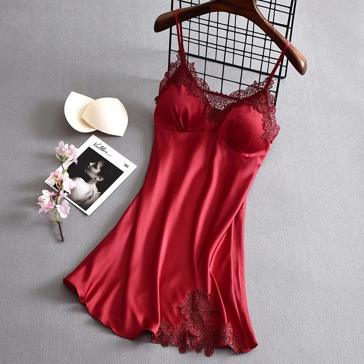 Qi Ta Women's Satin Silk Cami Nightdress with Lace & Built-in Bra - Thin Ice Silk Sleepwear for Spring Summer - Image 1