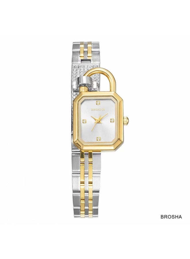A women's wristwatch from the Brosha brand with a unique lock-shaped design.