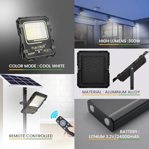 hardoll Solar Flood Light 300W with Remote, Cool White LED, 5M Cable, Waterproof IP65 Aluminium Body, Replaceable 24000mAh Lithium Battery for Home, Garden, Terrace, Outdoor (Pack of 1) - Image 2