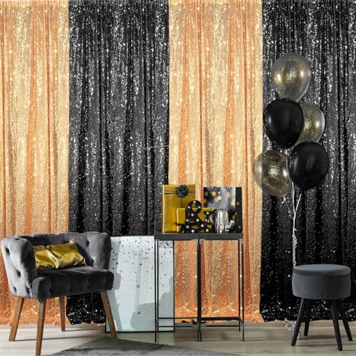 Tatuo 4 Panels 2 x 8 ft Black and Gold Sequin Backdrop Curtain Glitter Backdrop Curtain for Congrats Grad Graduation Party Decorations Birthday Wedding Background Anniversary Photography - Image 1