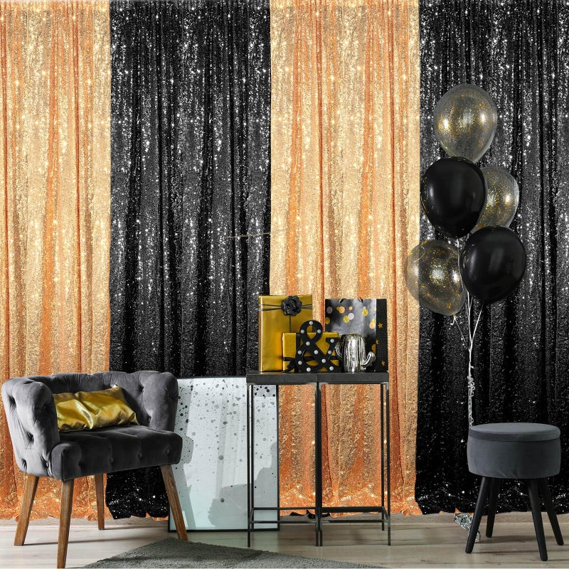 Tatuo 4 Panels 2 x 8 ft Black and Gold Sequin Backdrop Curtain Glitter Backdrop Curtain for Congrats Grad Graduation Party Decorations Birthday Wedding Background Anniversary Photography - Image 2