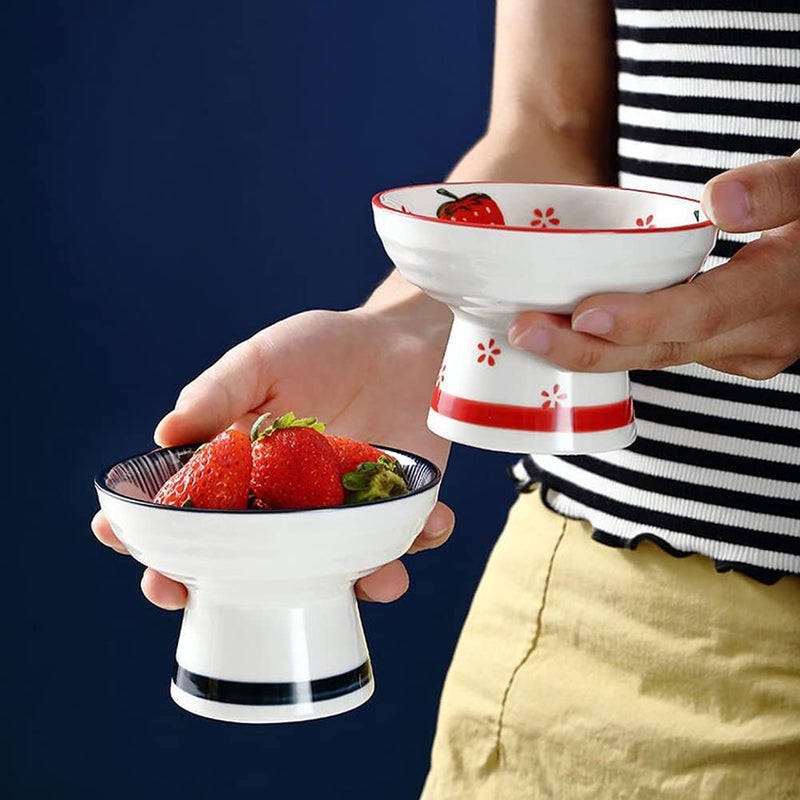 Kelendle Ceramic Footed Bowl Round Pedestal Bowl Decorative Fruit Bowl Holder Dessert Display Stand Serving Fruit Tray for Kitchen Counter Centerpiece Strawberry - Image 3