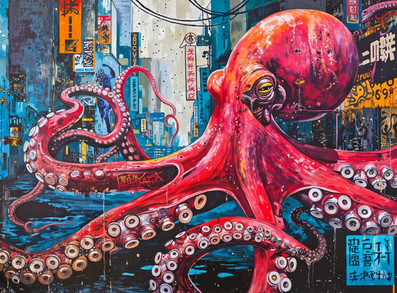 Cross & Glory 1000 Piece Jigsaw Puzzle for Adults | Octopus City: Neon Overlord | Marine Ocean Artwork Puzzle | Challenging Brain Teaser | Cyberpunk Ocean Art - Image 1