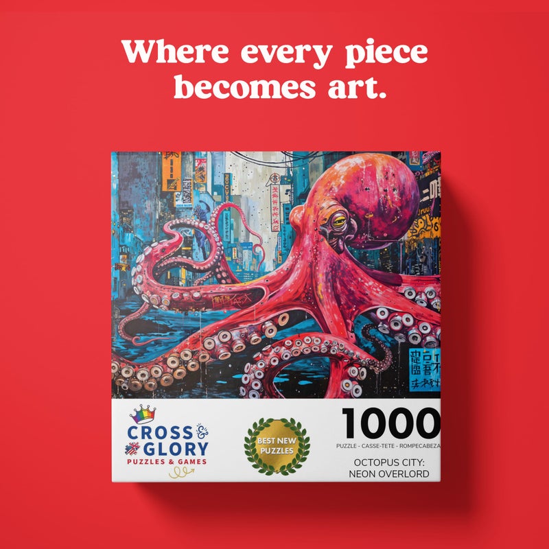 Cross & Glory 1000 Piece Jigsaw Puzzle for Adults | Octopus City: Neon Overlord | Marine Ocean Artwork Puzzle | Challenging Brain Teaser | Cyberpunk Ocean Art - Image 2