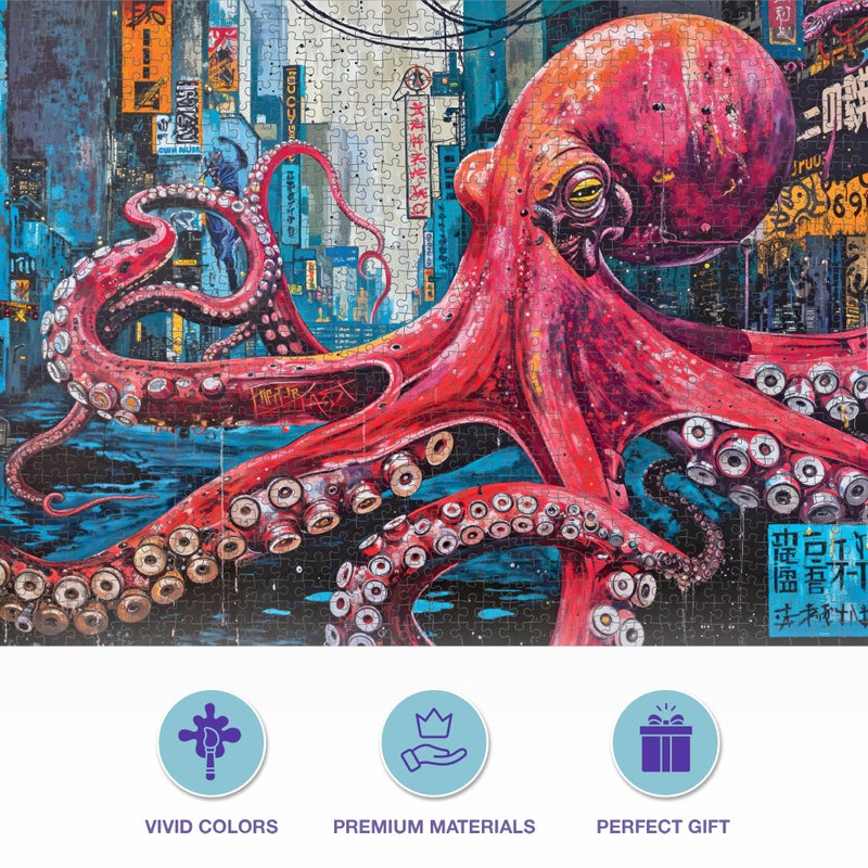 Cross & Glory 1000 Piece Jigsaw Puzzle for Adults | Octopus City: Neon Overlord | Marine Ocean Artwork Puzzle | Challenging Brain Teaser | Cyberpunk Ocean Art - Image 5