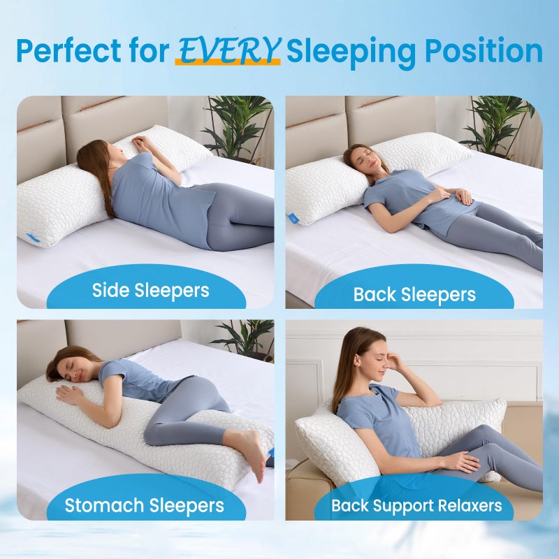 QUTOOL Cooling Pillow for Sleeping, CertiPUR-US Shredded Memory Foam Full Body Pillow Set of 1, Long Pillow for Bed with Removable Double-Sided Soft & Cool Cover, Soft Yet Support,White - Image 2
