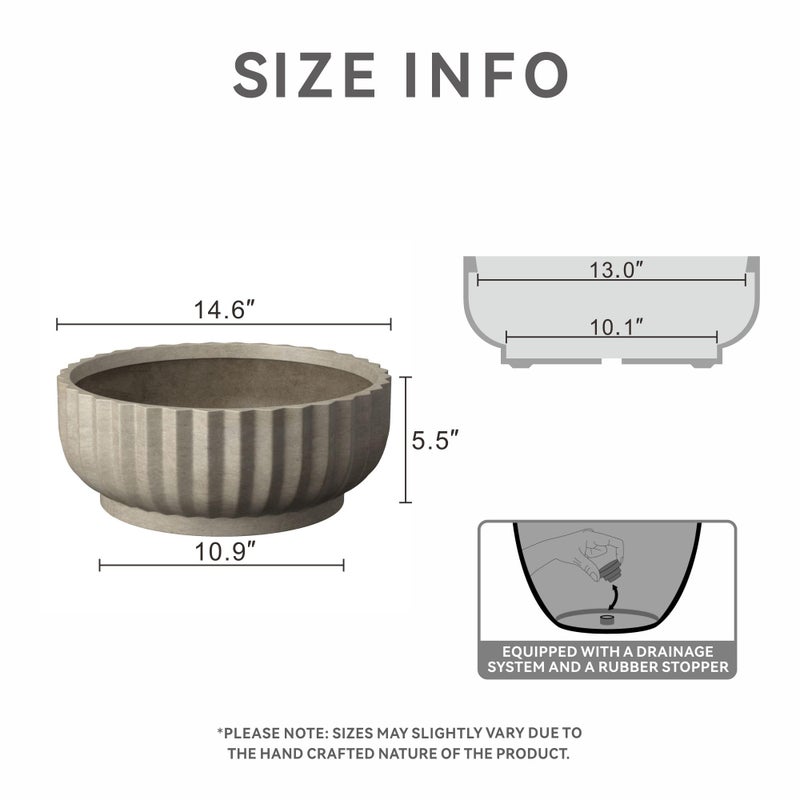 Kante Round Fulted Bowl Planter, 14.6 Inch Dia Large Concrete Flower Pots with Drainage Hole and Rubber Plug, Suitable for for Indoor Outdoor Plants, Home, Patio, Garden, Weathered Concrete - Image 2