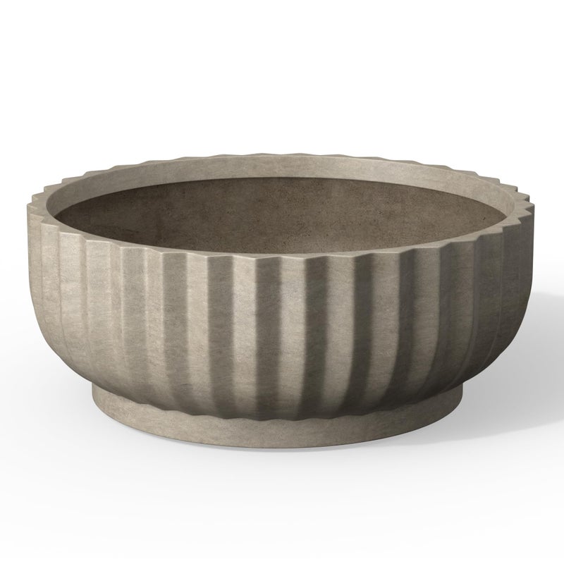 Kante Round Fulted Bowl Planter, 14.6 Inch Dia Large Concrete Flower Pots with Drainage Hole and Rubber Plug, Suitable for for Indoor Outdoor Plants, Home, Patio, Garden, Weathered Concrete - Image 1