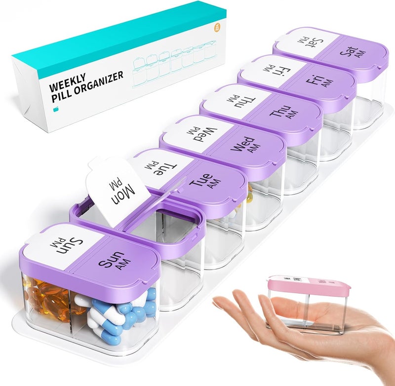 Odaro Extra Large Weekly Pill Organizer 2 Times A Day, Pill Box 7 Day Am Pm to Hold Daily Medicine Vitamin and Supplements - Purple
