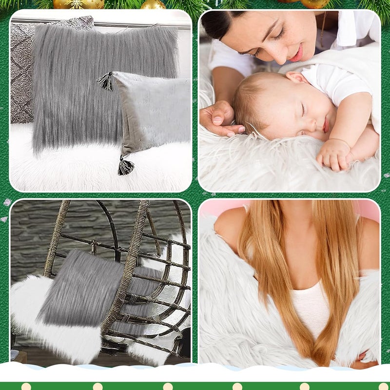 Alphatool 6Pcs White & Grey Faux Fur Fabric, 10"×10" Artificial Fuzzy Fur Fabric, Warm and Breathable Fur Square Patches for DIY Crafts Sewing Cushion Pad Chair Cover Christmas Day Gnomes Decors - Image 2