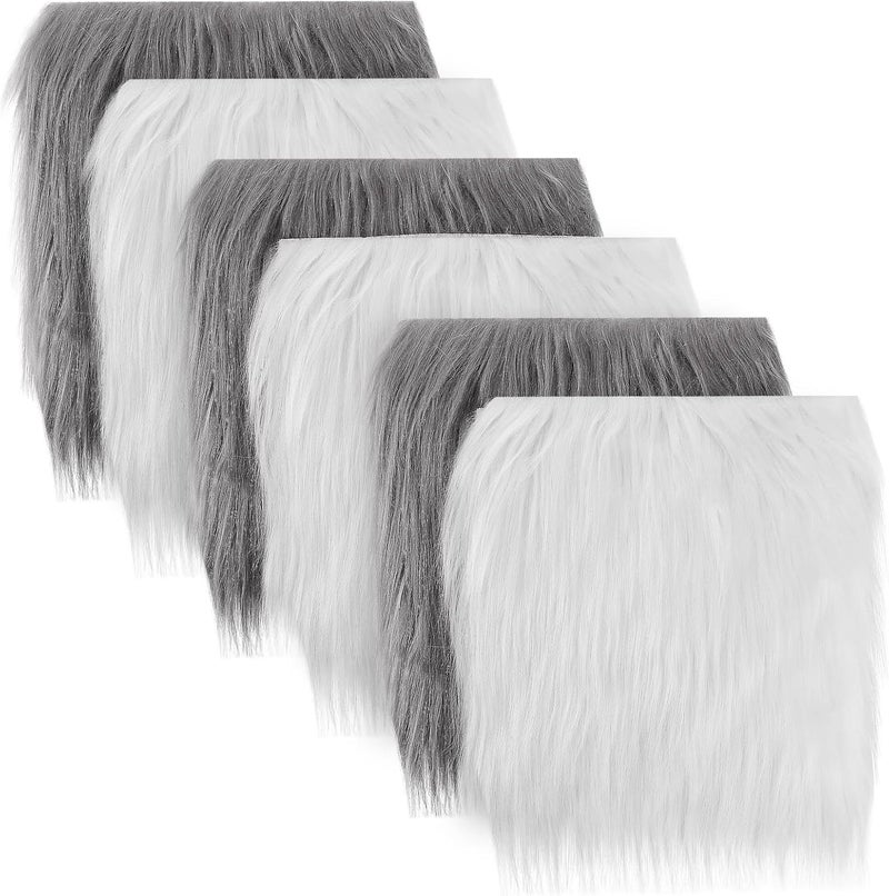 Alphatool 6Pcs White & Grey Faux Fur Fabric, 10"×10" Artificial Fuzzy Fur Fabric, Warm and Breathable Fur Square Patches for DIY Crafts Sewing Cushion Pad Chair Cover Christmas Day Gnomes Decors - Image 1