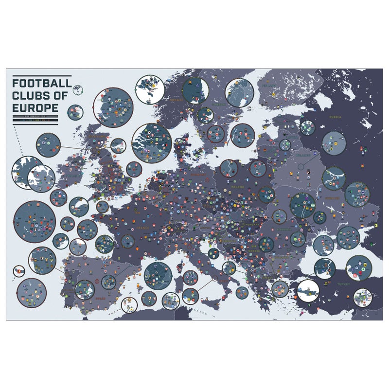 Pop Chart  Football Clubs of Europe  36 x 24 Large Wall Art  Soccer Poster Featuring Over 1000 Clubs on a Massive Map  Sports Wall Decor for Living Room Bedroom and Man Cave