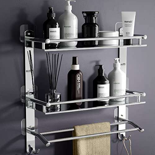 GLOXY Premium Stainless Steel Bathroom Shelf Rack 3 Layer with Towel Rods & Multipurpose Hooks - Adhesive Magic Sticker Bathroom Organiser Rack for Home, Office, Hotels & Restaurants - Image 1