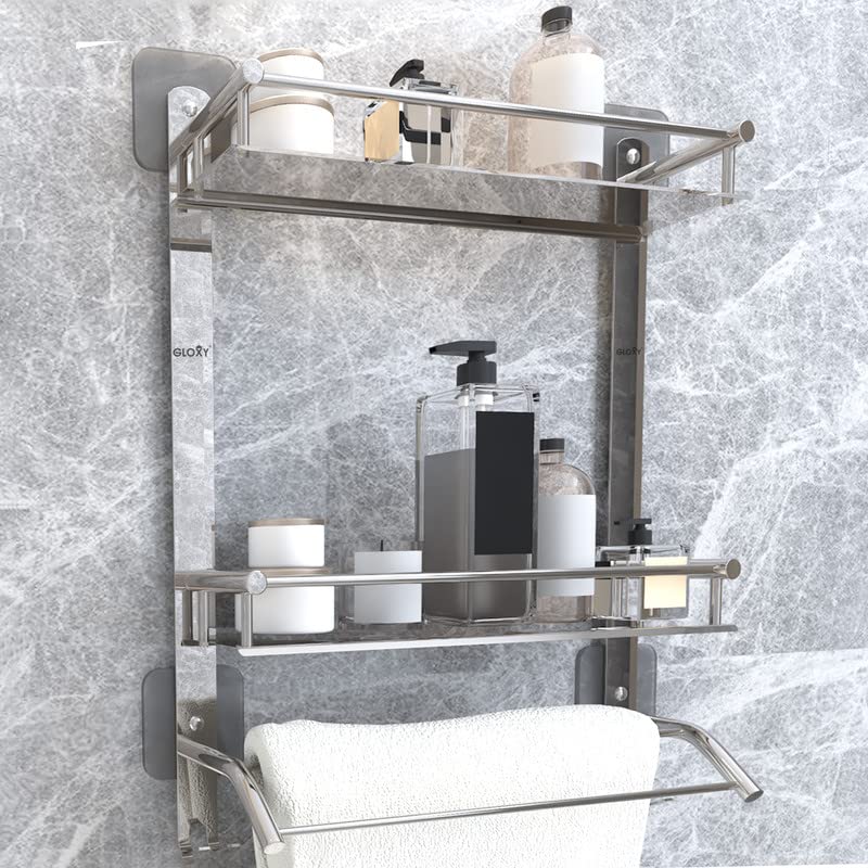 GLOXY Premium Stainless Steel Bathroom Shelf Rack 3 Layer with Towel Rods & Multipurpose Hooks - Adhesive Magic Sticker Bathroom Organiser Rack for Home, Office, Hotels & Restaurants - Image 2