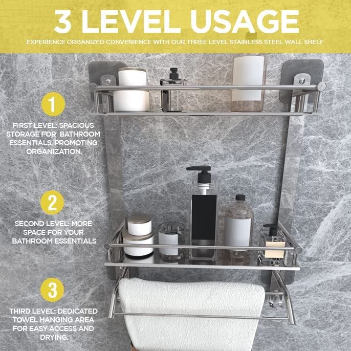 GLOXY Premium Stainless Steel Bathroom Shelf Rack 3 Layer with Towel Rods & Multipurpose Hooks - Adhesive Magic Sticker Bathroom Organiser Rack for Home, Office, Hotels & Restaurants - Image 3