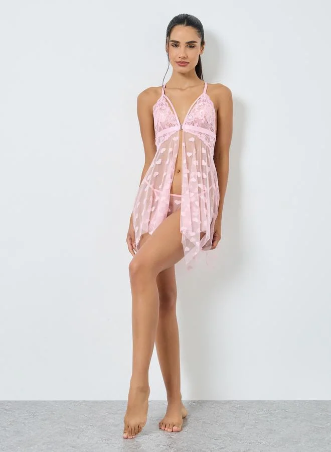 ستايلي بيبي دول دانتيل وشبك بحمالات وقصة منحنية مع شورت داخلي