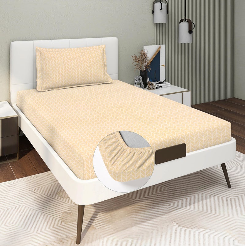 RD TREND Presents Luxurious Glace Cotton Super Soft 210 TC 360° Elastic Fitted Bedsheets Single Bed Size (72 x 48 x 8 Inch) with 1 Pillow Cover Size (28 x18), Color- Beige, Solid - Image 1