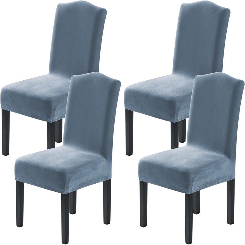 Velvet Dining Chair Covers - Set of 4 Stretch Slipcovers in Stone Blue - Image 1