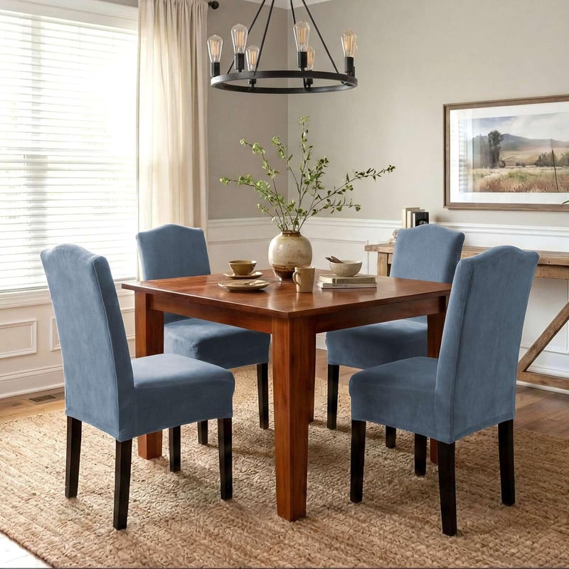Velvet Dining Chair Covers - Set of 4 Stretch Slipcovers in Stone Blue - Image 4