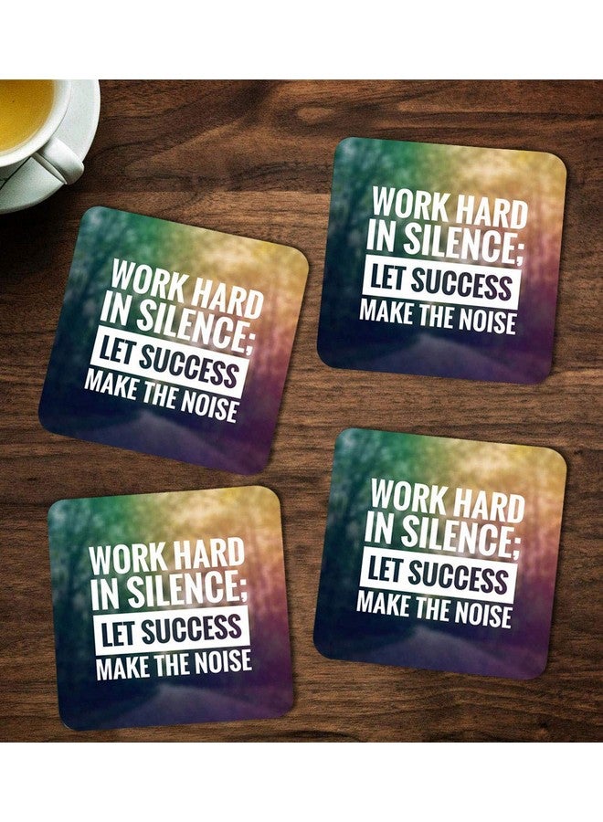 ASHVAH Work Hard in Silence let : Success Make The Noise Print/Typography Tea/Coffee Mug/Designer Handmade Wooden Coaster Set for Home Kitchen, Office Desk - Set of 4 - Square: 10cm - Image 1