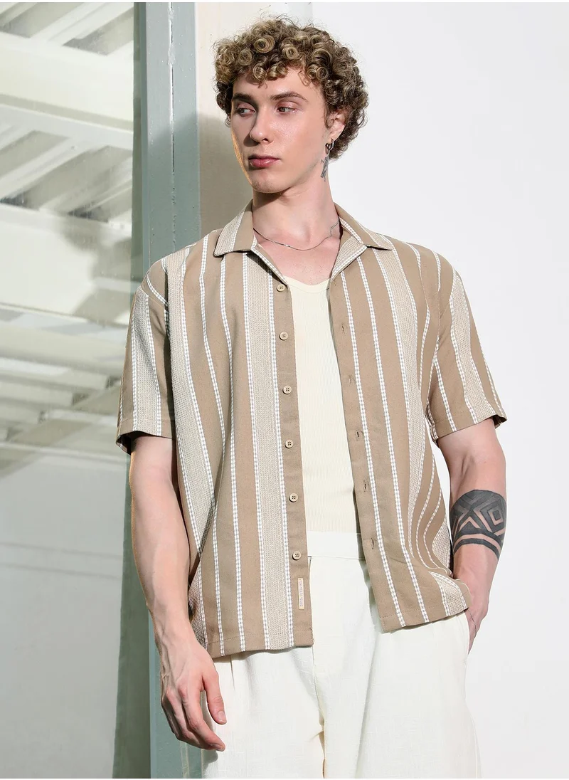 كامبوس سوترا Men's Beige Striped Cuban Collar Shirt