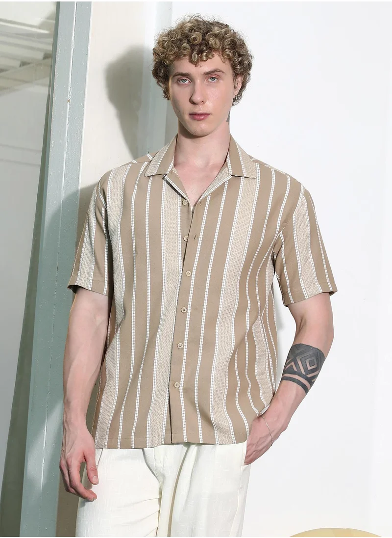كامبوس سوترا Men's Beige Striped Cuban Collar Shirt
