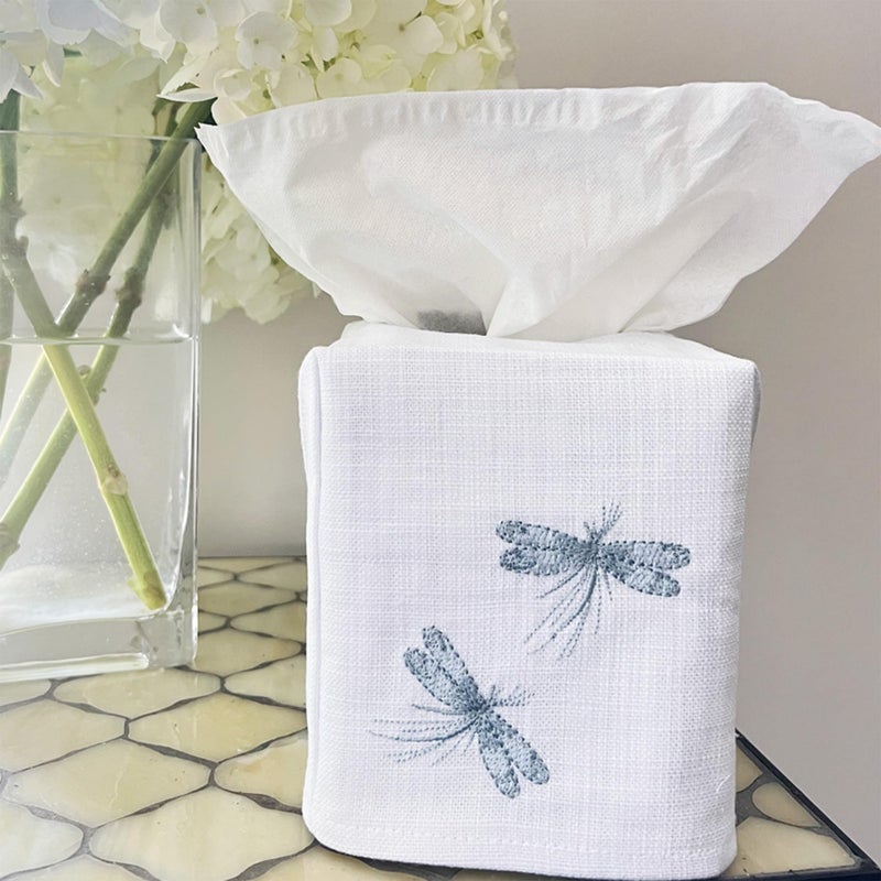 Jacaranda Living Square Luxury Linen Tissue Box Cover â€“ Embroidered Dragonflies (Duck Egg Blue), Decorative & Handcrafted Home Accent for Bed, Bath, Office or Living Room - Image 2