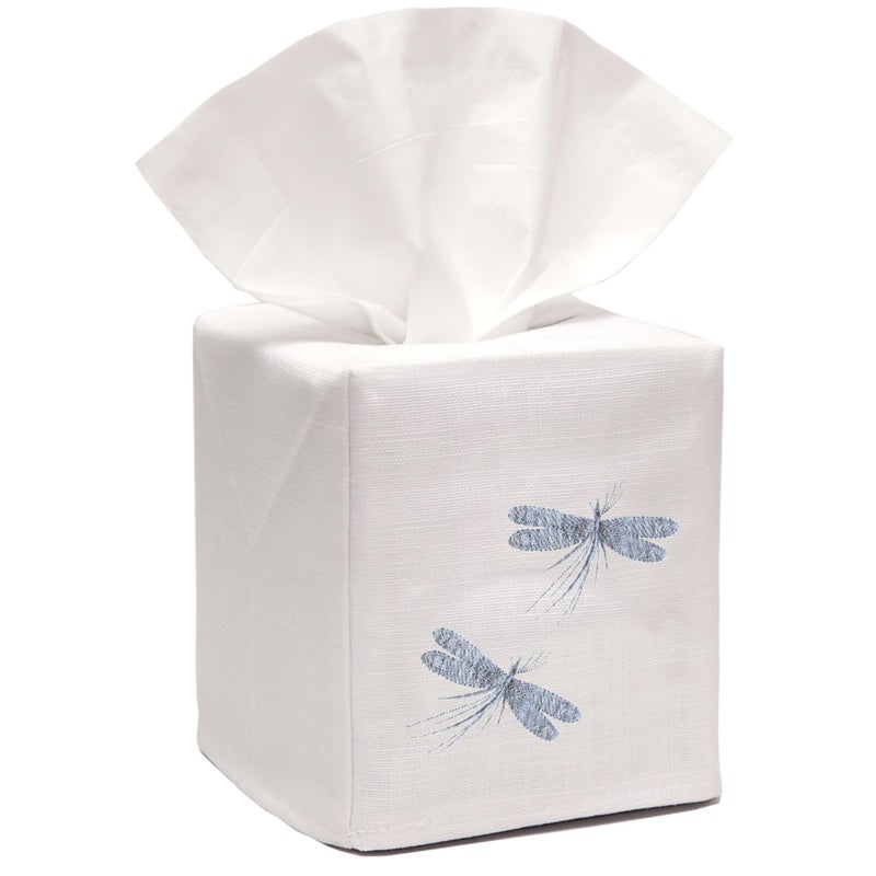 Jacaranda Living Square Luxury Linen Tissue Box Cover â€“ Embroidered Dragonflies (Duck Egg Blue), Decorative & Handcrafted Home Accent for Bed, Bath, Office or Living Room - Image 1