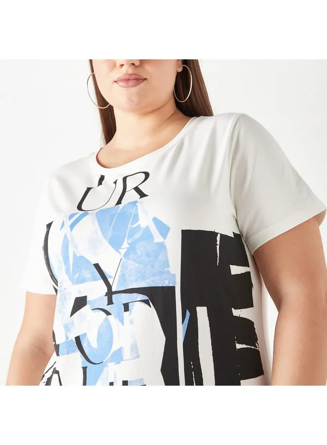 Ulla Popken Plus Size Ulla Popken Printed T-Shirt with Short Sleeves and Round Neck