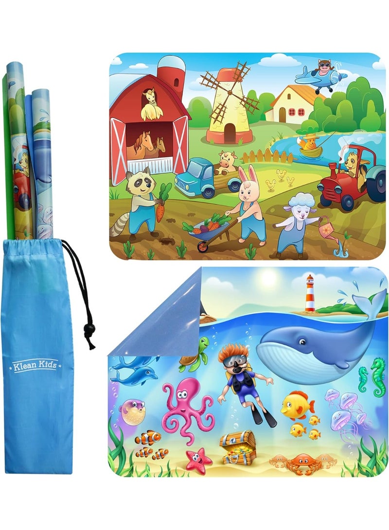 Klean Kids Klean Kids [2 Pack] Silicone Placemat for Toddlers (Sealife and Farm) - Non Slip 2-Pack with Travel Bag - Sealife/Farm - Alternative to Suction Plates for Babies - Essential Baby Feeding - Image 1