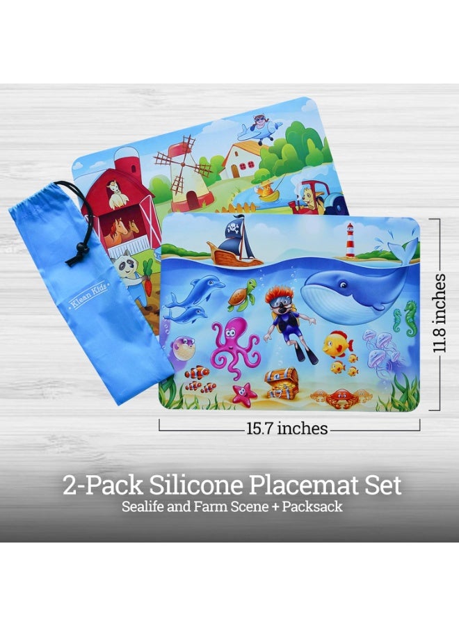 Klean Kids Klean Kids [2 Pack] Silicone Placemat for Toddlers (Sealife and Farm) - Non Slip 2-Pack with Travel Bag - Sealife/Farm - Alternative to Suction Plates for Babies - Essential Baby Feeding - Image 4