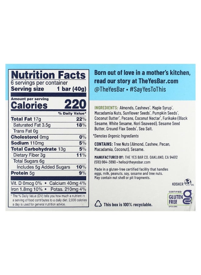 Yes Bar Yes Bar, Snack Bar, Black Sesame Sea Salt, 6 Bars, 1.4 oz (40 g) Each - Image 2