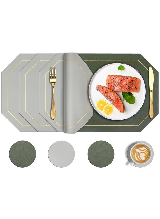 DUNISO 4 Piece Set of Octagonal Table Placemats，Including 4 Placemats and 4 Coasters， Dual Sided Table Placemats Non-Slip Placemats Wipe Clean Stain Resistant Placemats，43x30cm,Green&Grey  - Image 1