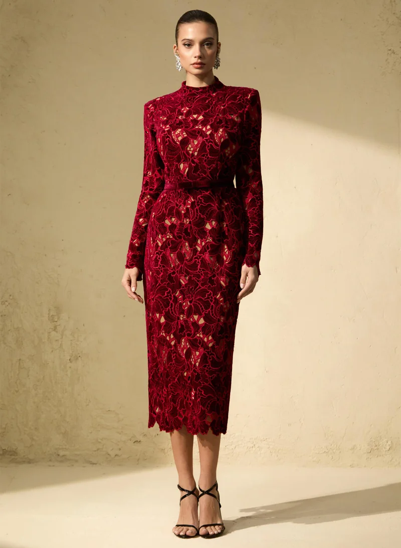 سنفير Love Me Forever Burgundy Floral Lace Long Sleeve Midi Dress