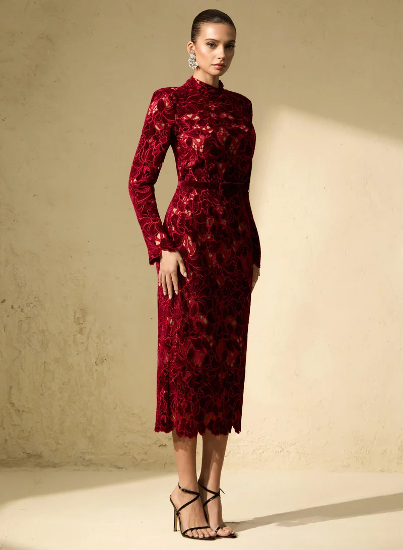 سنفير Love Me Forever Burgundy Floral Lace Long Sleeve Midi Dress