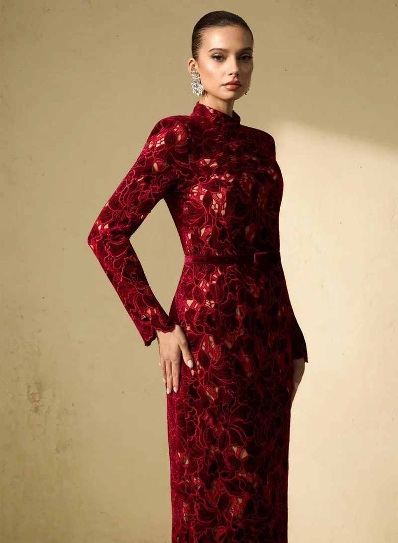Sunfere  Love Me Forever Burgundy Floral Lace Long Sleeve Midi Dress for Women | Best Price UAE