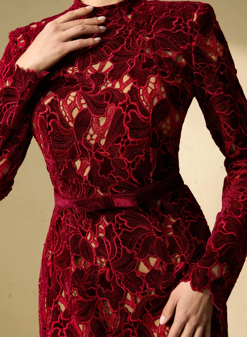 Sunfere  Love Me Forever Burgundy Floral Lace Long Sleeve Midi Dress for Women | Best Price UAE