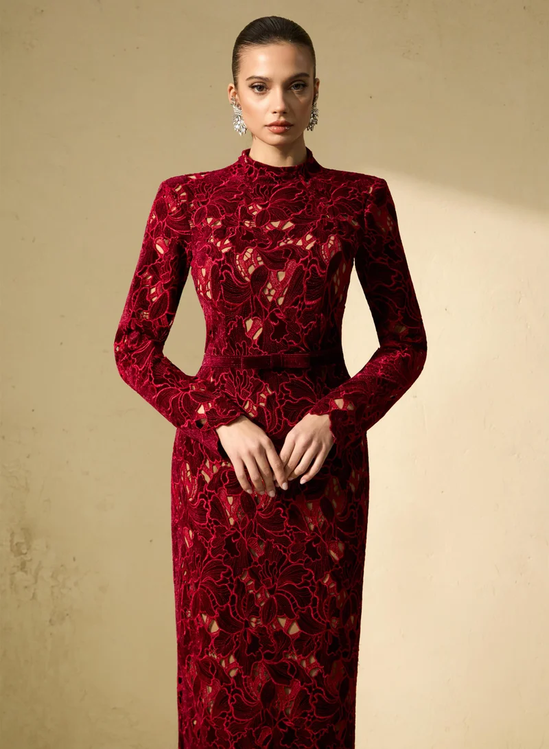 Sunfere  Love Me Forever Burgundy Floral Lace Long Sleeve Midi Dress for Women | Best Price UAE