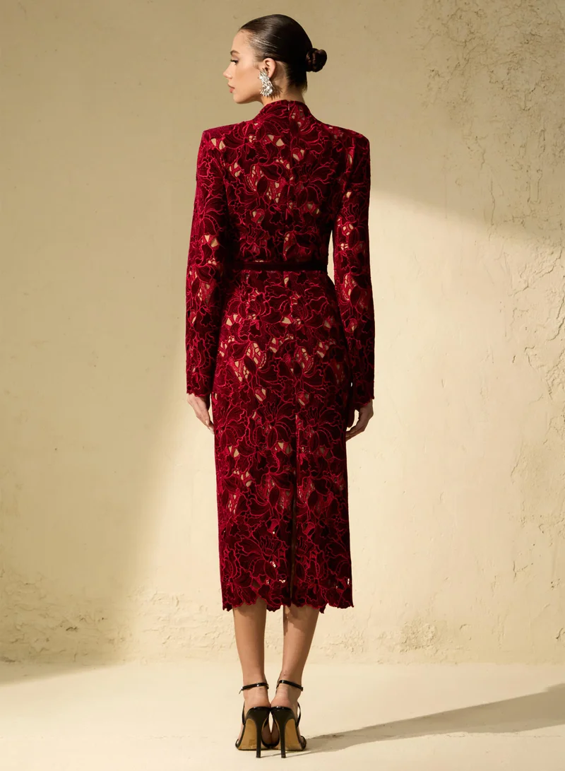 Sunfere  Love Me Forever Burgundy Floral Lace Long Sleeve Midi Dress for Women | Best Price UAE