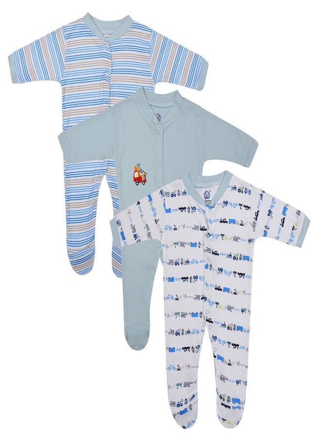 Magic Town® 100% Hosiery Cotton Unisex Long Sleeve Sleep Suit Romper for Boys Girls and Infants Set of 3 (multi color, light blue) (0-3 Months) - Image 1