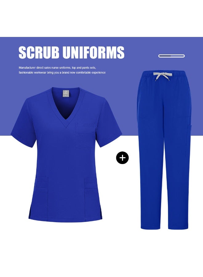 Loquat Womens Men Medical Scrubs Set Medical Uniform Set Royal Blue - Image 1