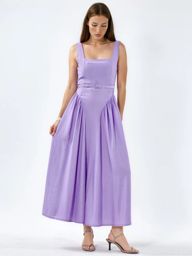 بوسيم BUSEM Square Collar Belted Midi Dress