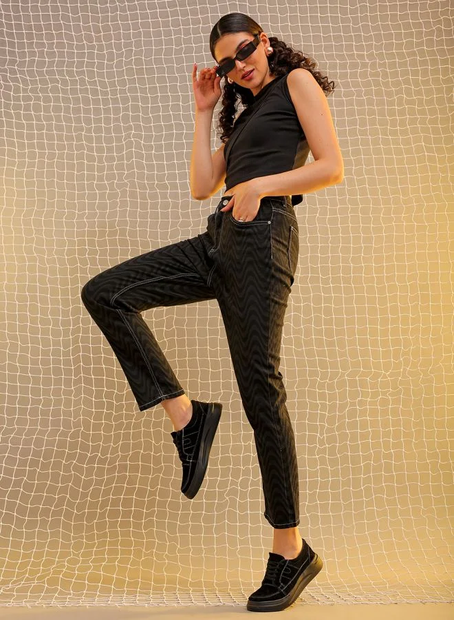 Freehand Women Straight Fit Laser Print High-Rise Jeans