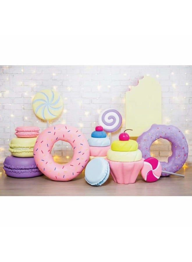 DASHAN 5x3ft Polyester Donut Cake Smash Backdrop Donut Candy White Brick Wall Photography Background for Baby Shower Party Girl Birthday Protrait Banner Baby Girl 1st Birthday YouTube Photo Prop - Image 1